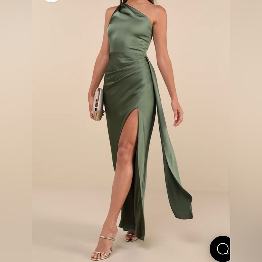 Signature Elegance Olive Green Satin One-Shoulder Maxi Dress